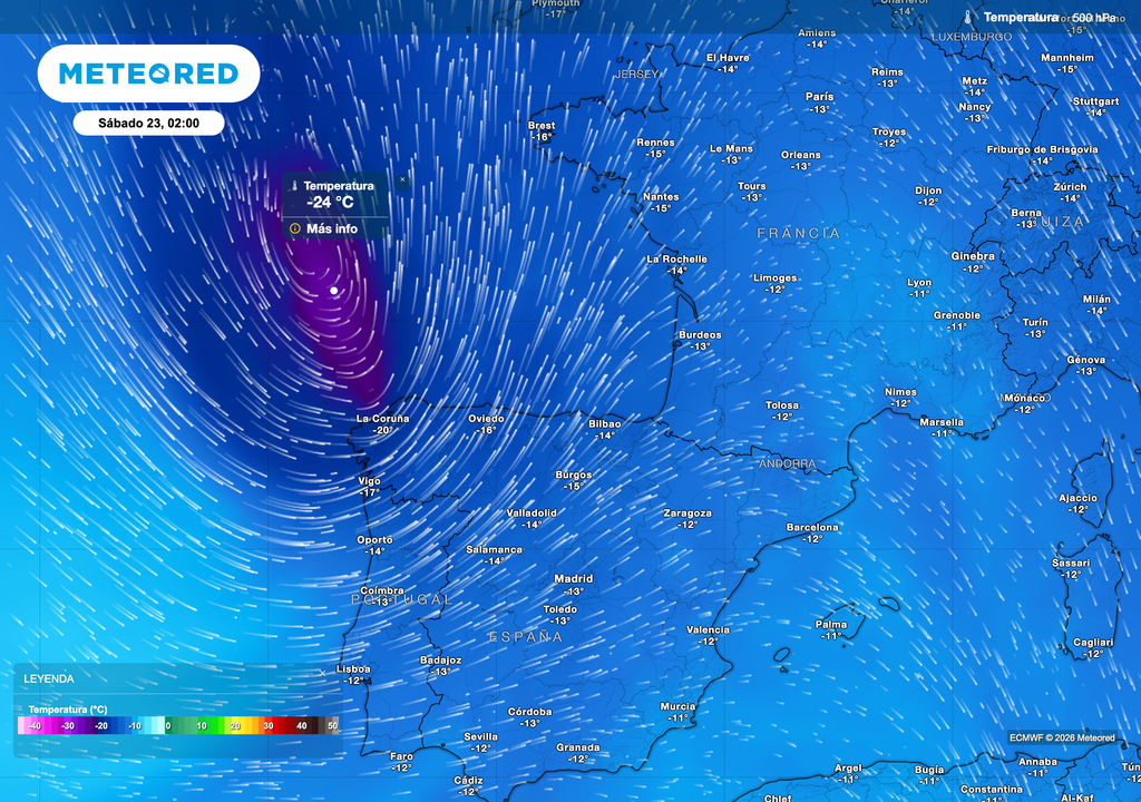 Posible llegada de una DANA al noroeste peninsular el sábado. La imagen muestra la temperatura a 5500 metros de altura y la DANA queda representada en colores lilas.