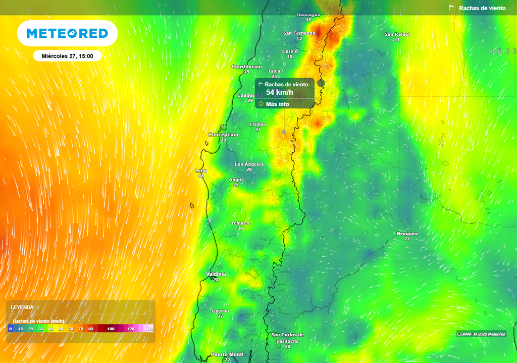Sistema frontal dejará hasta 20 mm de lluvia en Chile centro-sur Rachas de viento (km/h) para la tarde del miércoles (27) en Chile centro-sur.