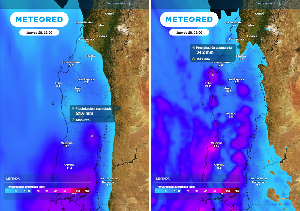Sistema frontal dejará hasta 20 mm de lluvia en Chile centro-sur Precipitación acumulada (mm) hasta la noche del jueves (28). Modelo GFS (imagen izquierda) y ECMWF (imagen derecha).