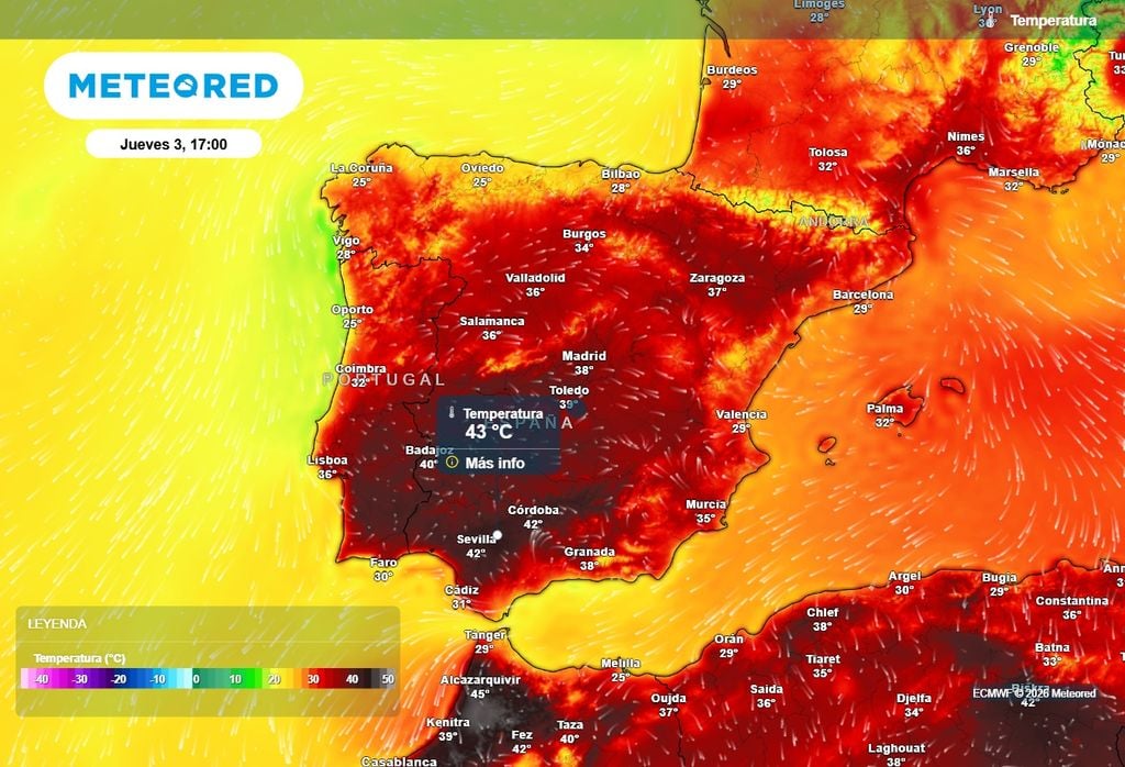Durante la jornada del jueves, se superarán los 40ºC en puntos de interior de la mitad sur peninsular.