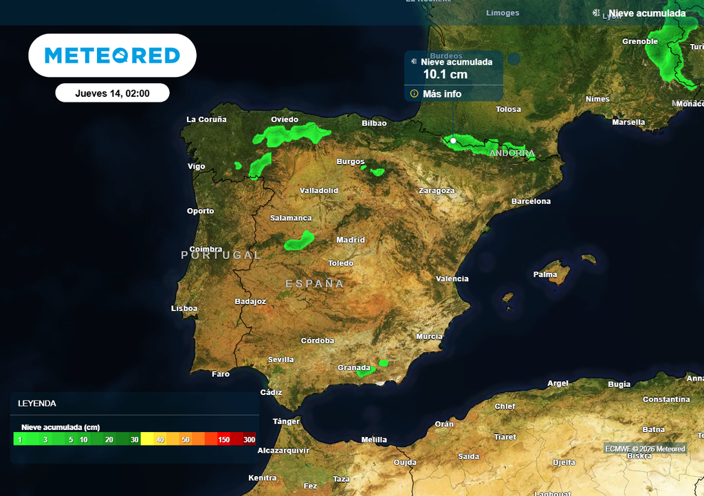 Mapa de nieve acumulada prevista en España hasta el miércoles de la semana que viene, según el modelo europeo.