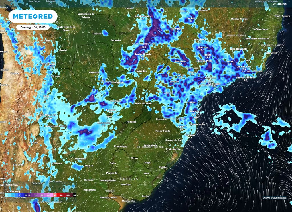 Previsão de precipitação para a tarde de domingo (26), segundo o modelo ECMWF.