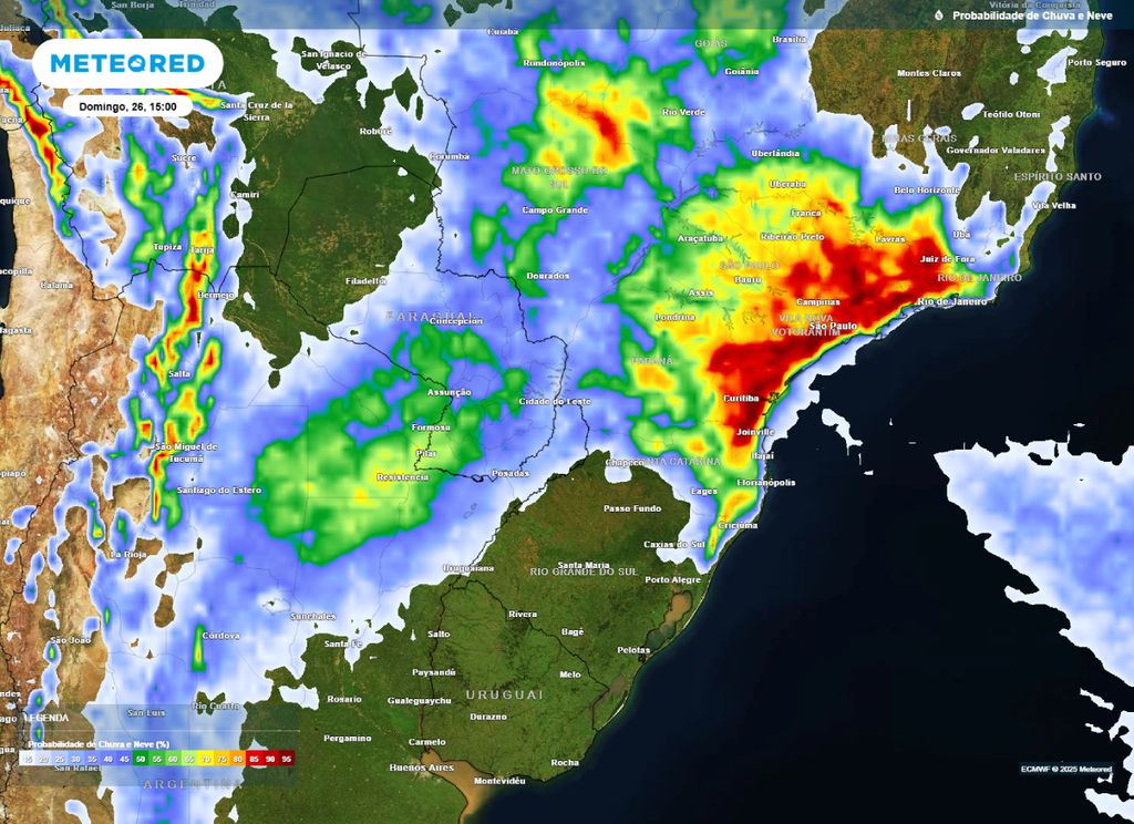 Previsão de probabilidade (%) de ocorrência de chuvas para o domingo (26), segundo o modelo ECMWF.