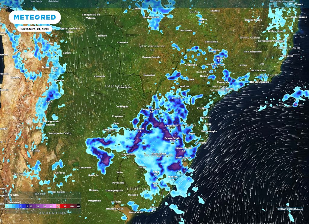 Previsão de precipitação para a tarde de sexta-feira (24), segundo o modelo ECMWF.