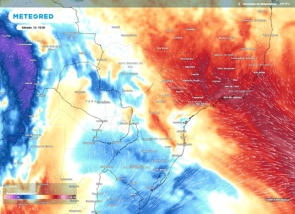 Mapa de anomalia de temperatura para a tarde de sábado (10), segundo o modelo ECMWF. Mapa de anomalia de temperatura para a tarde de sábado (10), segundo o modelo ECMWF.