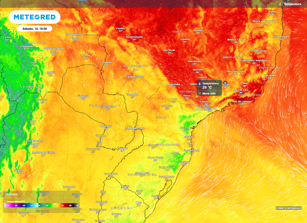 Temperatura máxima prevista para o centro-sul do Brasil na tarde de sábado, 10, mostra o gradiente de temperaturas depois da passagem da frente fria sobre os Estados do Sul | Imagem:Meteored/Divulgação