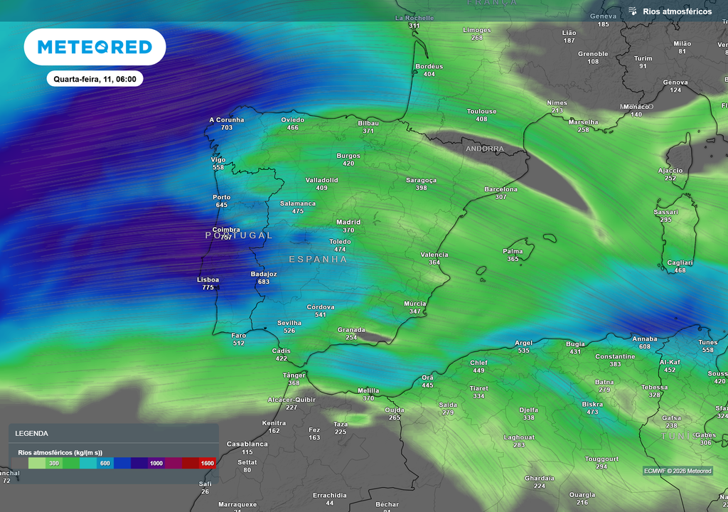 Um rio atmosférico irá contribuir para a intensificação da chuva em Portugal Continental, especialmente nos dias 10 e 11 de fevereiro.