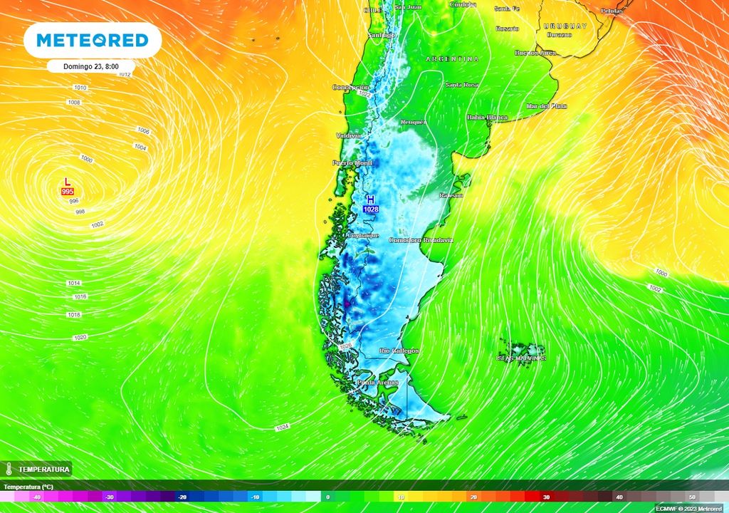 Mapa que muestra las heladas previstas para el domingo en Chile