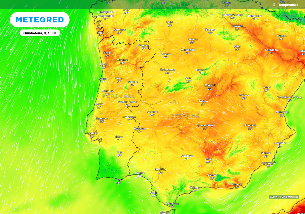 Para amanhã, quinta-feira (9 de abril), os valores de temperatura máxima disparam para perto dos 30 ºC, especialmente no Norte do país.