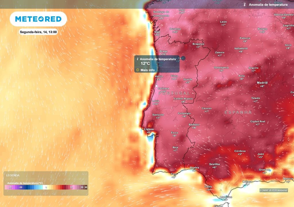 O pico do episódio poderá chegar na segunda-feira. Às 13 horas, praticamente todo o território estará muito mais quente do que o habitual, com anomalias que pontualmente poderão atingir +12 ºC no litoral Centro.