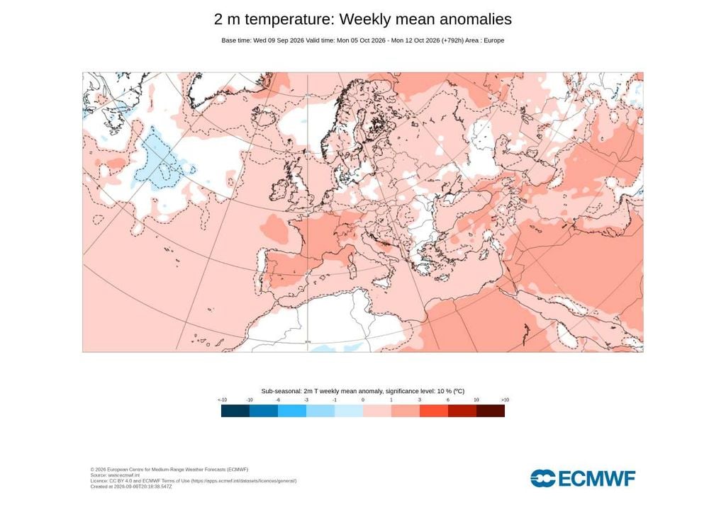 Quase um mês depois, Portugal continua no lado quente da previsão. O sinal é bastante mais moderado, mas o ECMWF ainda antecipa temperaturas médias superiores ao normal na semana de 5 a 12 de outubro.