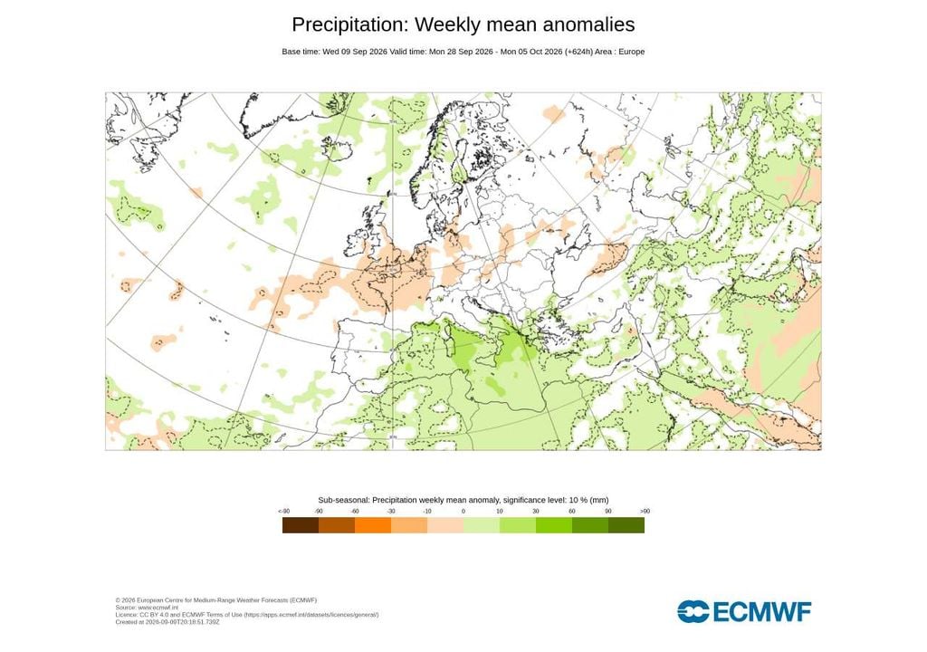 Temperaturas acima da média não significam necessariamente tempo seco. Portugal surge maioritariamente a branco, indicando que não existe um sinal significativo para precipitação acima ou abaixo dos valores climatológicos nessa semana.