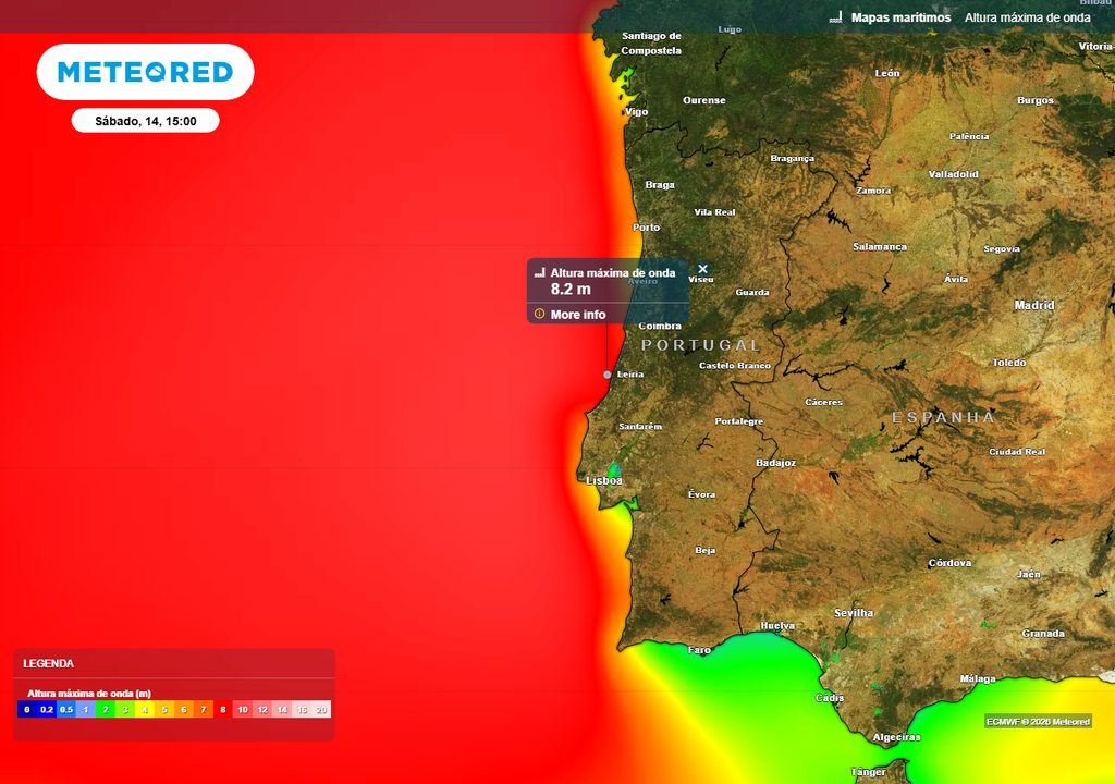 No próximo sábado, 14 de março, as ondas poderão atingir uma altura máxima de 8 metros em grande parte da faixa costeira ocidental.