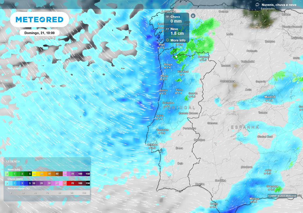 Mapa atmosférico: Neve, chuva e nuvens
