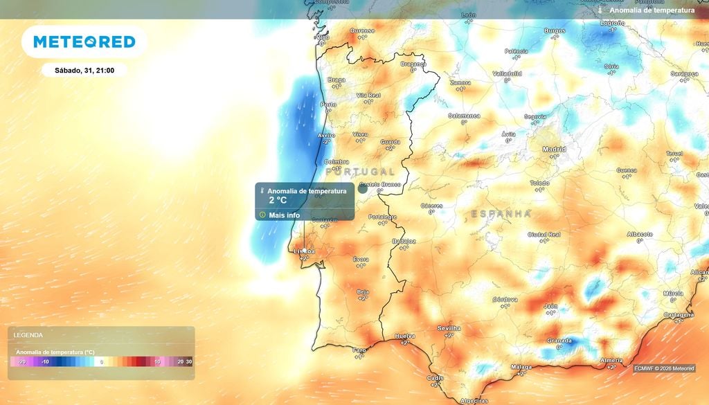 anomalia térmica Na noite de Halloween, boa parte do continente registará valores um pouco acima da média. Há algumas exceções em que os valores poderão ser abaixo da média (a azul); e outras (branco) em que as temperaturas deverão ser de acordo com a normal climatológica de referência.
