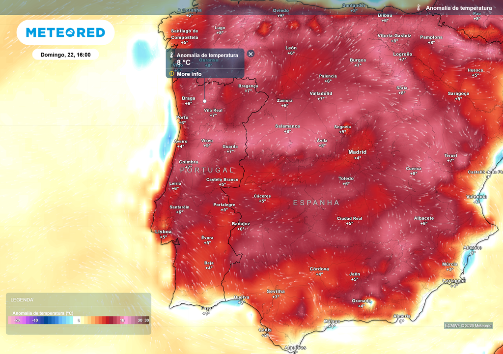 Mapa atmosférico: Anomalia da temperatura Temperaturas até +8/9 °C acima da média climatológica, sobretudo no Norte e Interior, refletindo ambiente invulgarmente ameno para fevereiro.