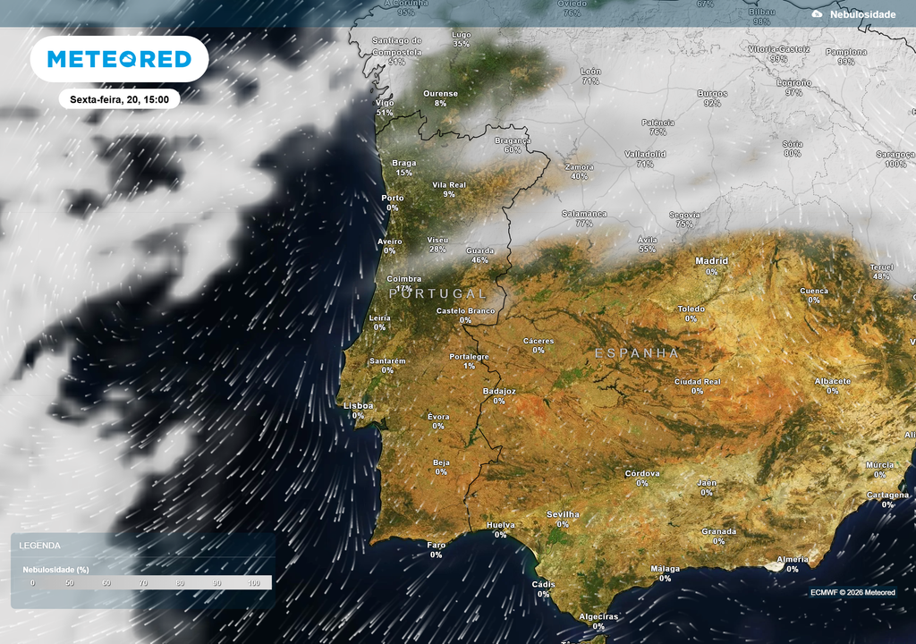 Sexta-feira, céu pouco nublado. Dia estável e maioritariamente soalheiro, com fraca cobertura de nuvens, especialmente no Algarve, Alentejo, Lisboa e Península de Setúbal.