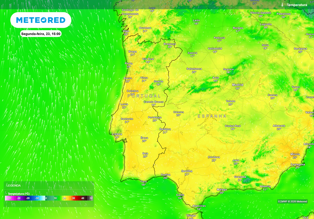Temperaturas máximas elevadas para fevereiro, com valores acima dos 20 °C no Norte e Centro. Coimbra destaca-se com 24 °C.