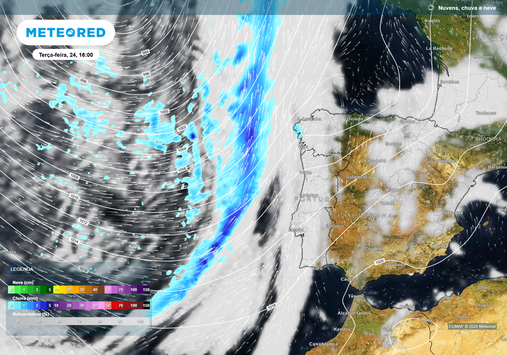 Frente fria atlântica bem definida a aproximar-se da costa ocidental, aumentando progressivamente a nebulosidade e a humidade relativa durante a tarde.