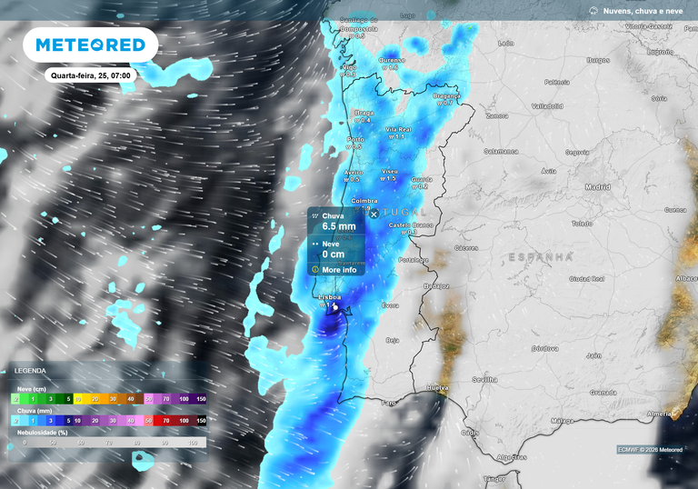 A pr&oacute;xima frente com chuva chegar&aacute; a Portugal continental na ter&ccedil;a-feira a partir das 23 horas
