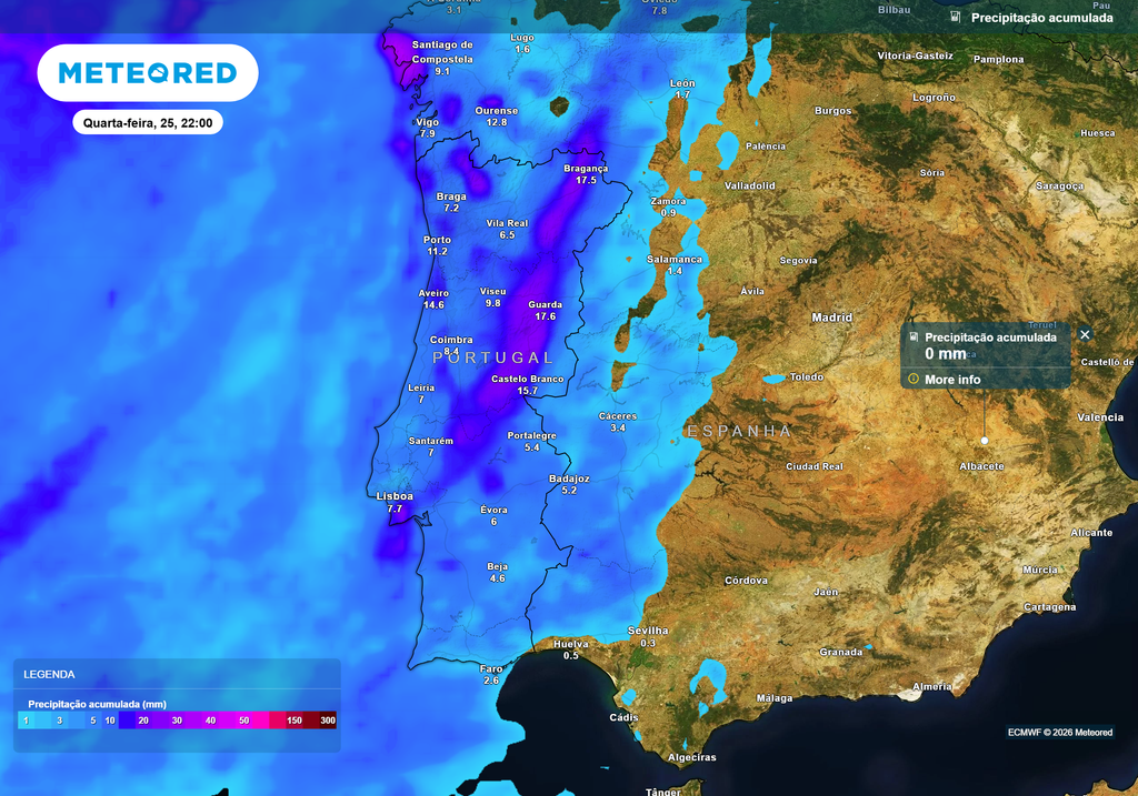 Acumulados mais elevados no interior Norte e Centro, mas sem valores expressivos. Episódio frontal de caráter moderado e sem risco associado.