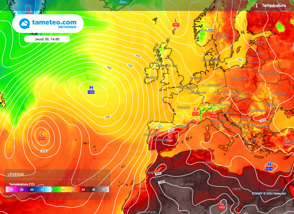 L'anticyclone pourra rester sur l'Atlantique, véhiculant un flux de secteur nord sur la France. L'anticyclone pourra rester sur l'Atlantique, véhiculant un flux de secteur nord sur la France.