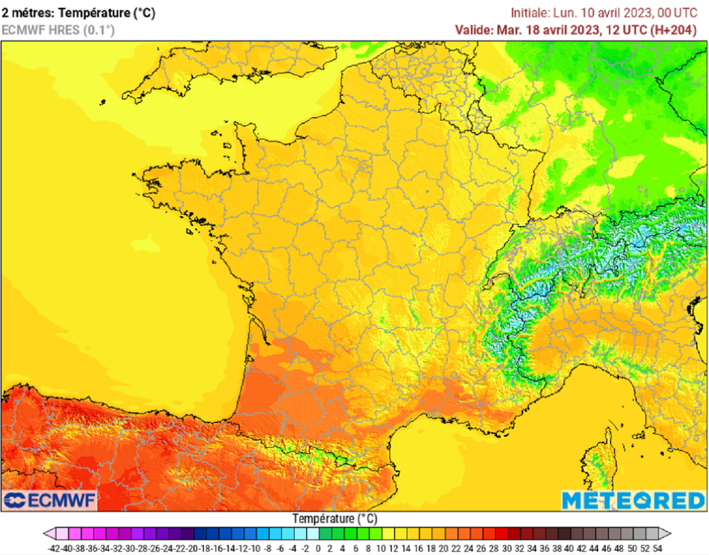 Les modèles (ici, l'européen) commencent à entrevoir la mise en place de chaleur la semaine prochaine dans le sud-ouest.