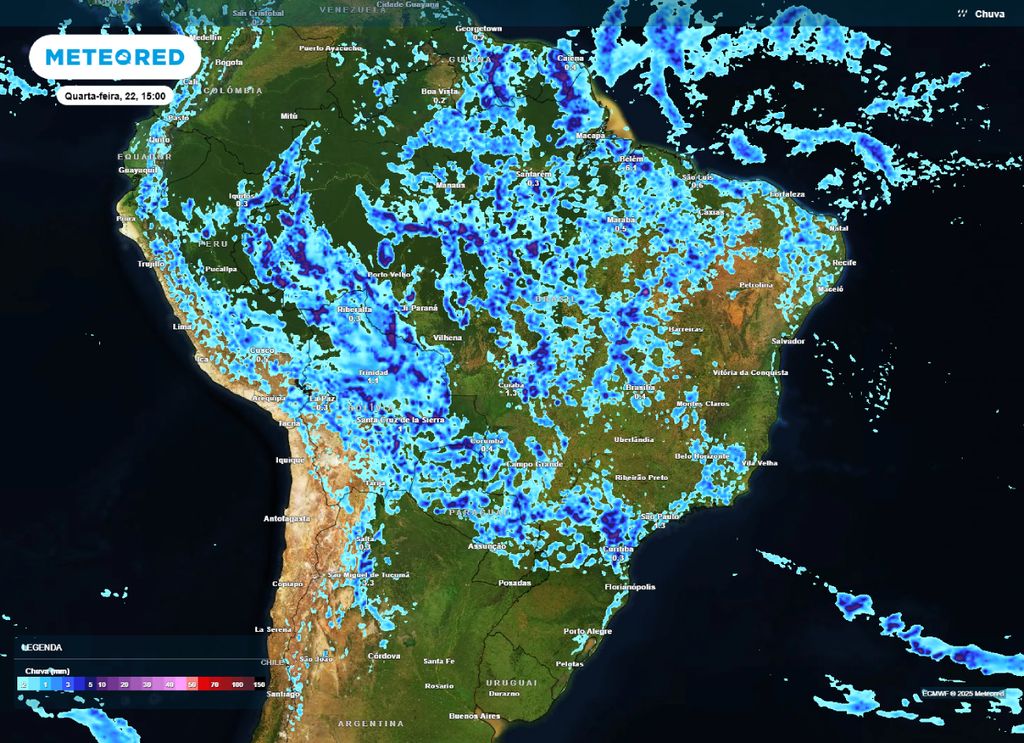 Chuva prevista para o Brasil, na tarde de quarta-feira (22).
