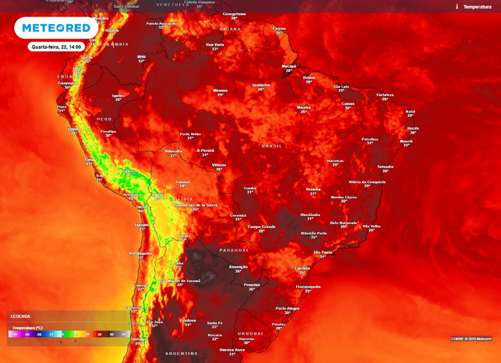 Temperatura máxima prevista para o Brasil na tarde de quarta-feira (22).