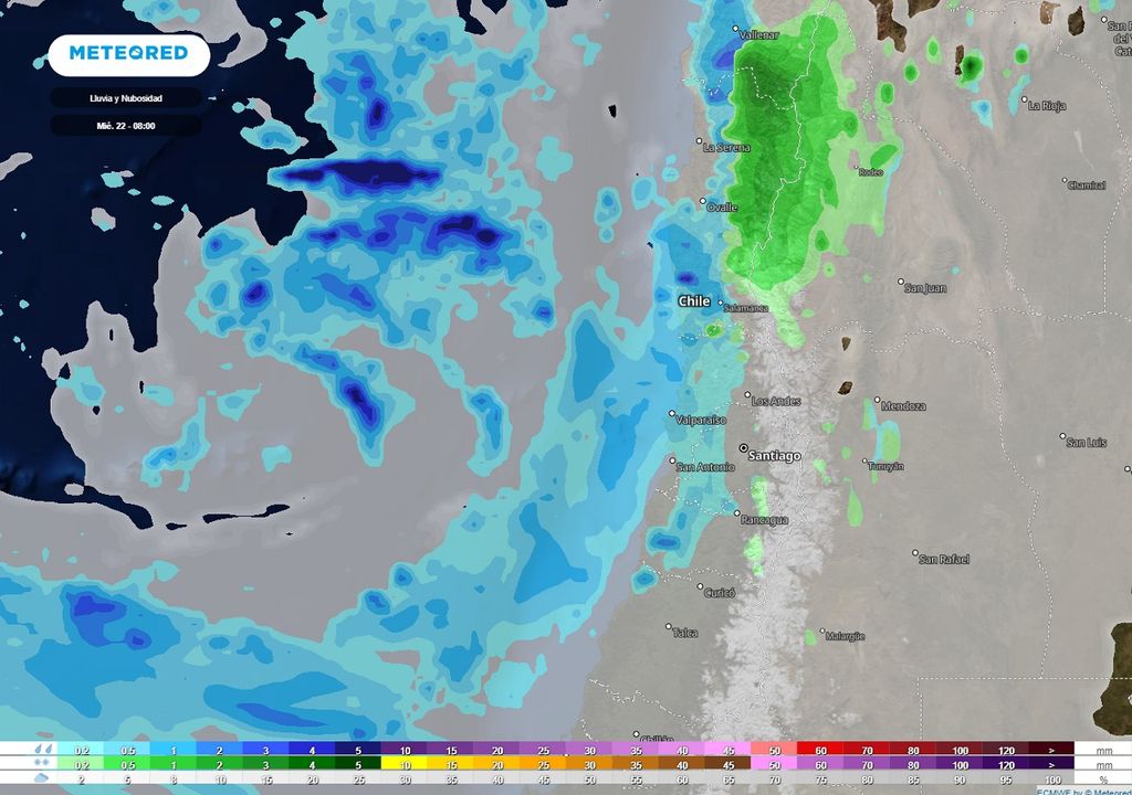 mapa de precipitaciones y nubes; zona central de Chile mapa de precipitaciones y nubes; zona central de Chile