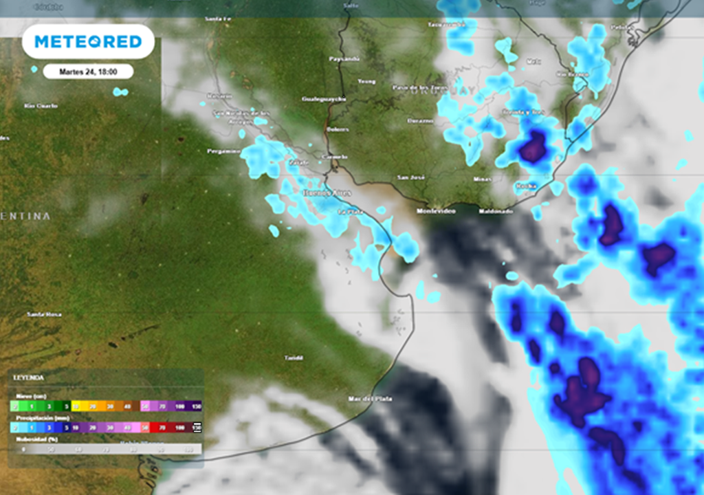 algunos chaparrones, sin descartar alguna tormenta aislada sobre el noreste y este bonaerense, en la tarde, No de descarta tiempo inestable, con algunos chaparrones o tormenta aislada sobre el noreste y este bonaerense, en la tarde del martes 24. Modelo: ECMWF