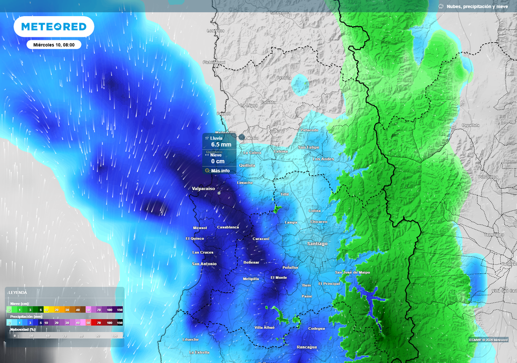 El modelo muestra el avance de nubes y precipitaciones sobre la zona central durante la mañana del miércoles. En la Región de Valparaíso, la lluvia se concentraría principalmente en costa y valles, mientras que en cordillera podrían registrarse nevadas por el descenso de la isoterma 0 °C.