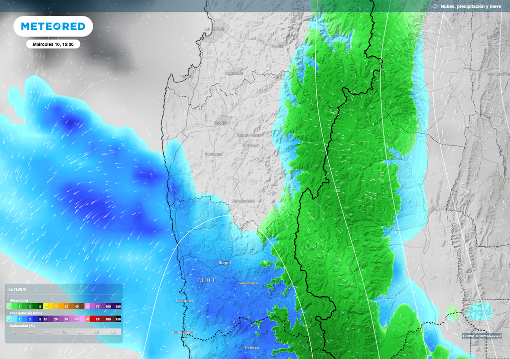 El mapa muestra el avance de nubosidad y precipitaciones hacia el sur de la Región de Coquimbo durante la tarde del miércoles. La señal más relevante se concentra entre Los Vilos, Illapel y sectores cordilleranos, donde también podrían registrarse nevadas.