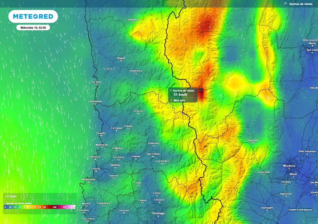 Se esperan rachas de viento sobre los 50 km/h en sectores cordilleranos de la Región de Valparaíso. El viento estará asociado al paso del sistema frontal y podría acompañar nevadas, baja visibilidad y probable ventisca en zonas de mayor altura.