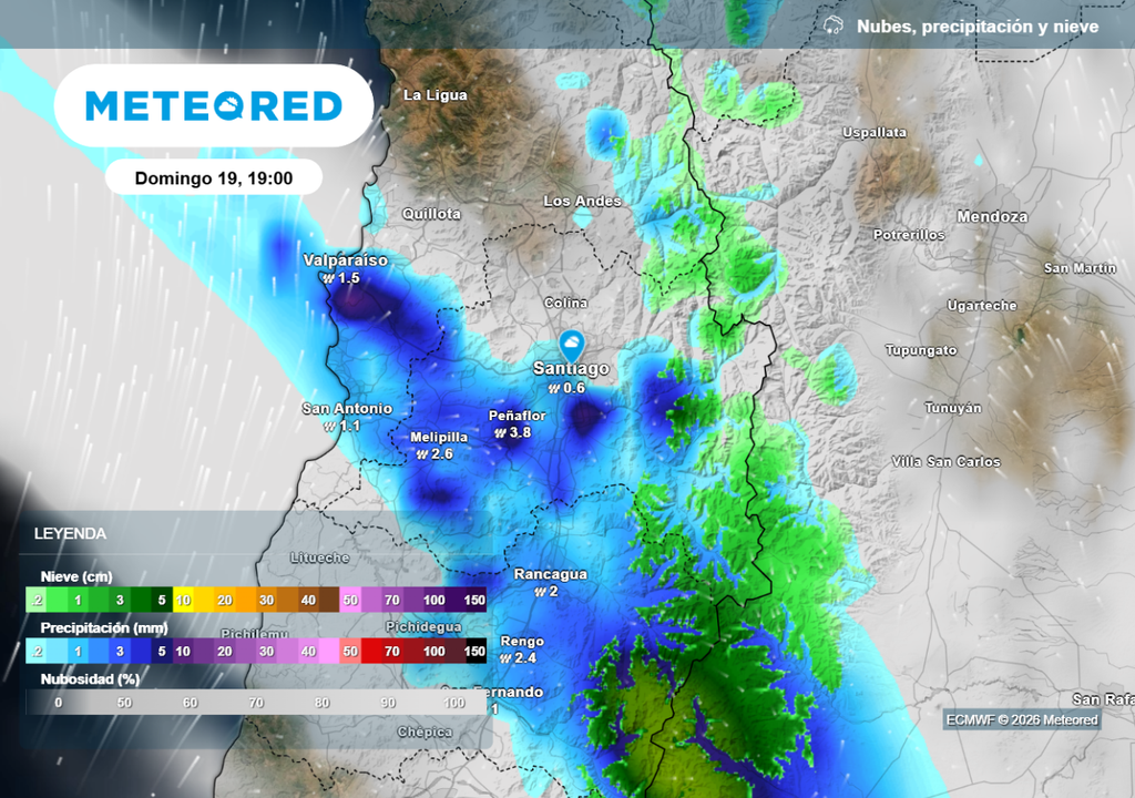 Modelo ECMWF indica la llegada de lluvias a Santiago durante horas vespertinas del domingo próximo.