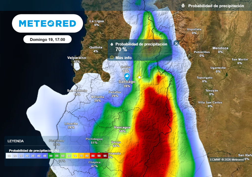 Las mayor probabilidad de precipitaciones se muestra en la cordillera metropolitana: superarían el 90 %.