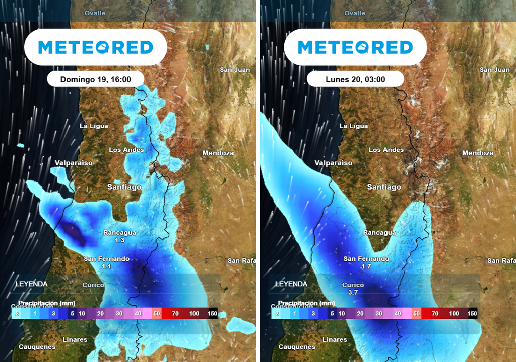 Según el ECMWF (imagen izquierda), las lluvias llegarían a la RM en la tarde del domingo, mientras el GFS prevé el evento en para el lunes.