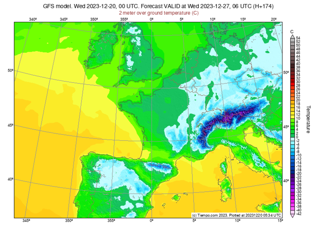 Selon le modèle américain GFS, une période très courte mais plus froide pourrait s'observer quelques jours après Noël.