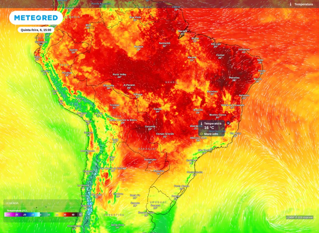 Temperatura prevista para a tarde de quinta-feira (6), segundo o modelo ECMWF.