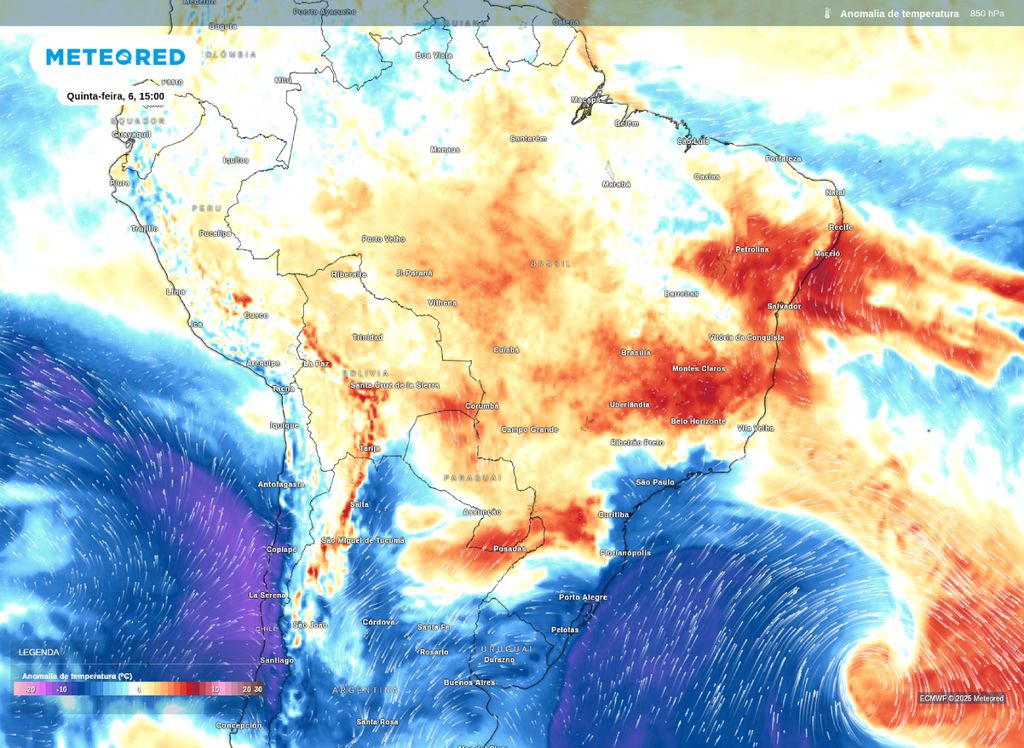 Anomalia de temperatura em 850 hPa na tarde de quinta-feira (6).