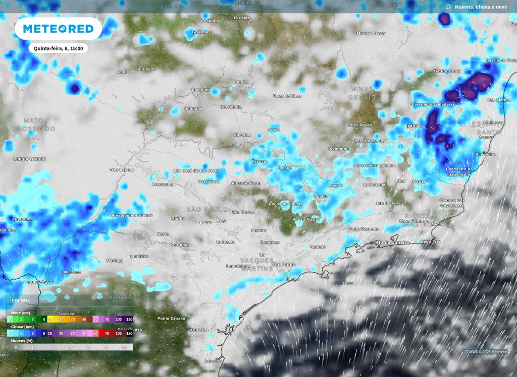 Precipitação prevista para a tarde desta quinta-feira (6), de acordo com o modelo ECMWF.