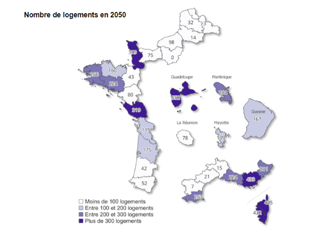 Répartition des logements concernés par la montée des eaux à l'horizon de 2050 (carte : CEREMA). Répartition des logements concernés par la montée des eaux à l'horizon de 2050 (carte : CEREMA).