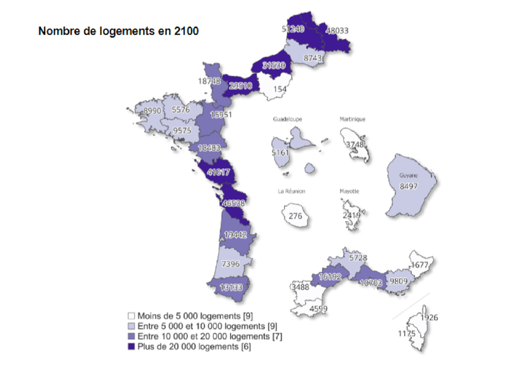 Répartition des logements concernés par la montée des eaux à l'horizon de 2100 (carte : CEREMA). Répartition des logements concernés par la montée des eaux à l'horizon de 2100 (carte : CEREMA).
