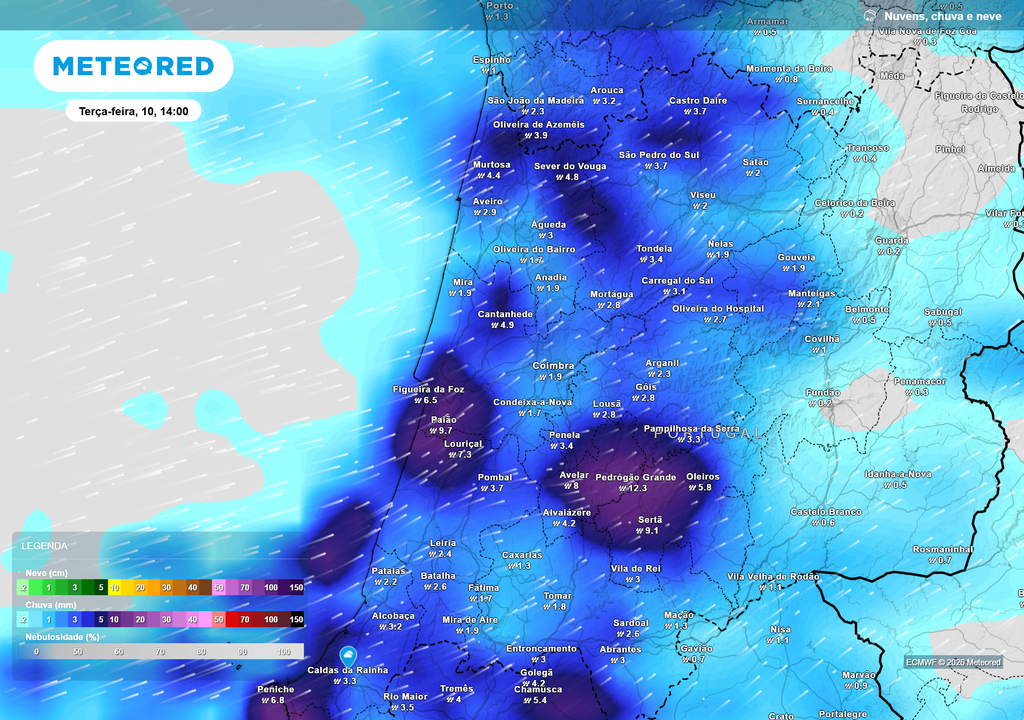 Período mais crítico da tarde de terça-feira, com chuva moderada a localmente forte a concentrar-se na Região Centro, onde os acumulados horários podem ultrapassar os 12 mm.