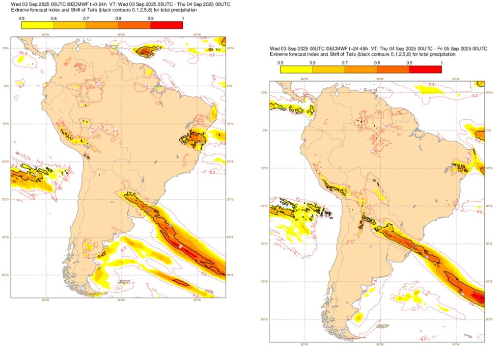 EFI do ECMWF para a precipitação nesta quarta (3, esquerda) e quinta-feira (4, direita). Créditos: Adaptado de ECMWF.