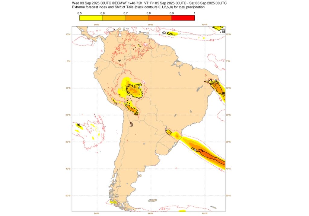 EFI do ECMWF para a precipitação nesta sexta-feira (5). Créditos: Adaptado de ECMWF.