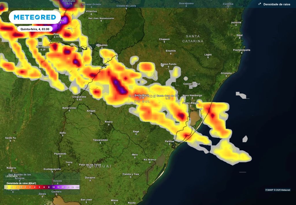 Previsão de tempestades nesta quinta-feira (4), de acordo com o ECMWF.