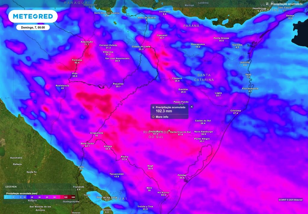 Previsão de chuva acumulada até a meia noite do domingo (7), de acordo com o ECMWF.
