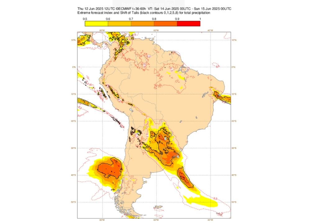 EFI para a precipitação neste sábado (14). Créditos: ECMWF. EFI para a precipitação neste sábado (14). Créditos: ECMWF.