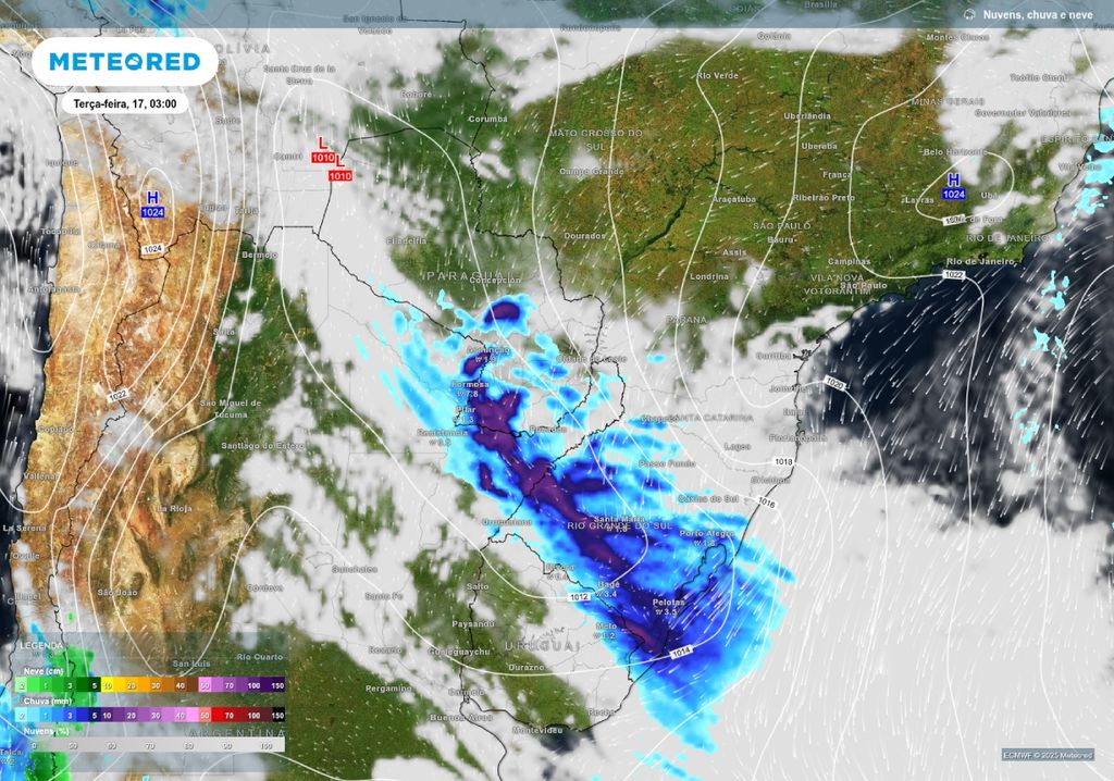 Previsão de atuação de um cavado (linhas brancas) e chuva sobre a região Sul na terça-feira (17), de acordo com o ECMWF. Previsão de atuação de um cavado (linhas brancas) e chuva sobre a região Sul na terça-feira (17), de acordo com o ECMWF.